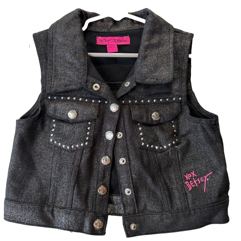 Betsey Johnson Girls Size 7 Black Sleeveless Denim Studded Vest Back To School